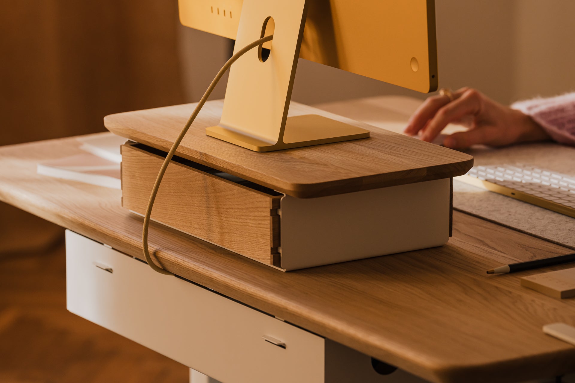 oakywood oak wooden desk shelf mini with a single drawer and white base desk setup | oak, ,