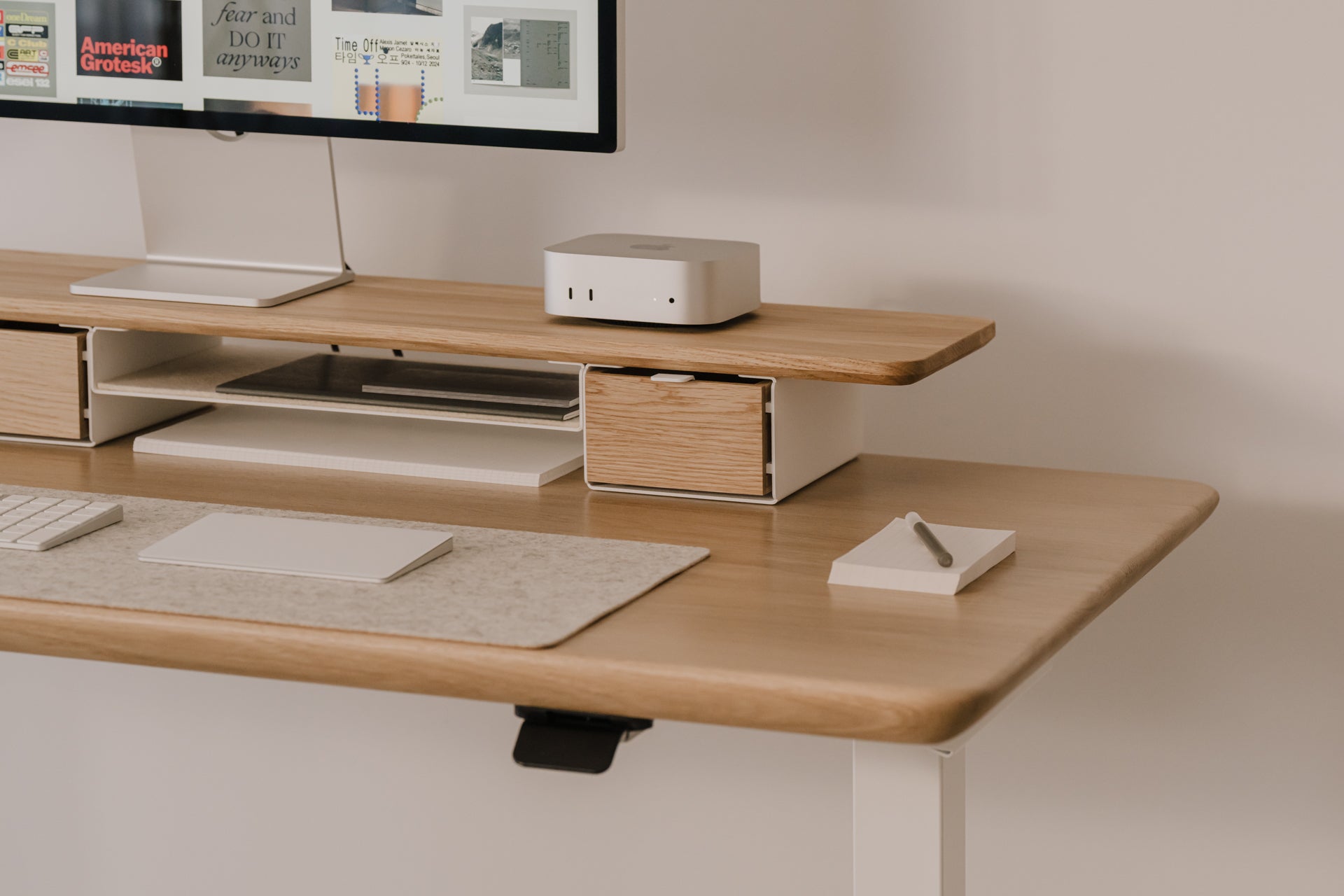 Wooden desk with computer setup on a neutral background |light oak, , 