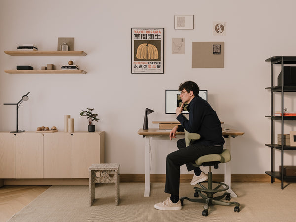 desk setup with floating shelves | light oak