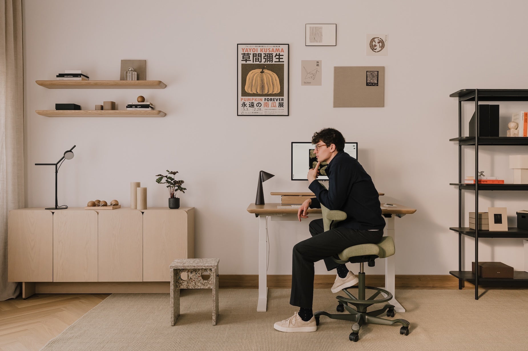 desk setup with floating shelves | light oak
