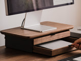 oakywood walnut wooden desk shelf mini with a dual drawer and black base in use | walnut, ,