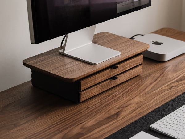 oakywood walnut wooden desk shelf mini with a dual drawer and black base desk setup | walnut, ,