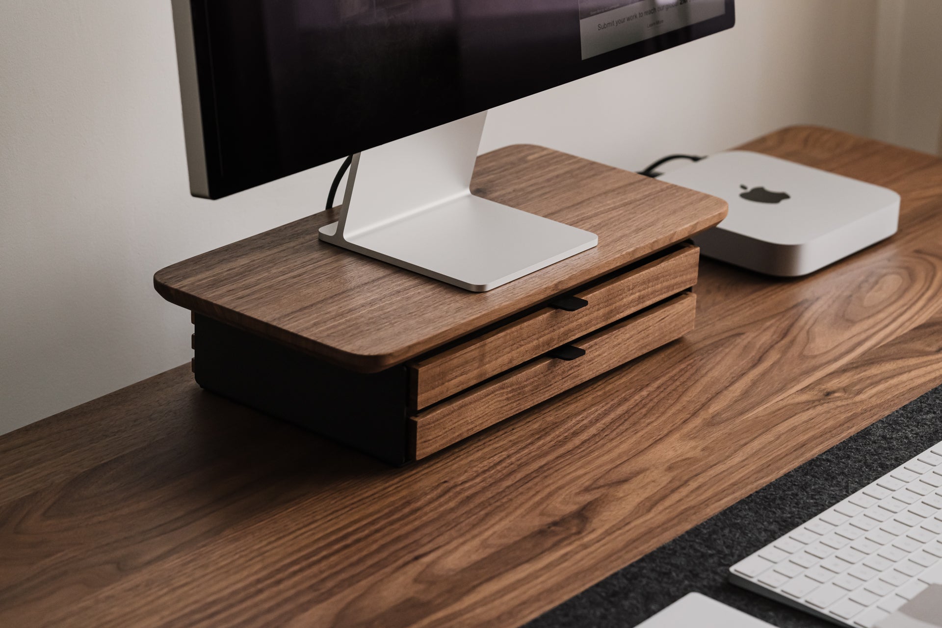 oakywood walnut wooden desk shelf mini with a dual drawer and black base desk setup | walnut, ,