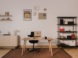 Modern home office with a desk, chair, and shelves | light oak,