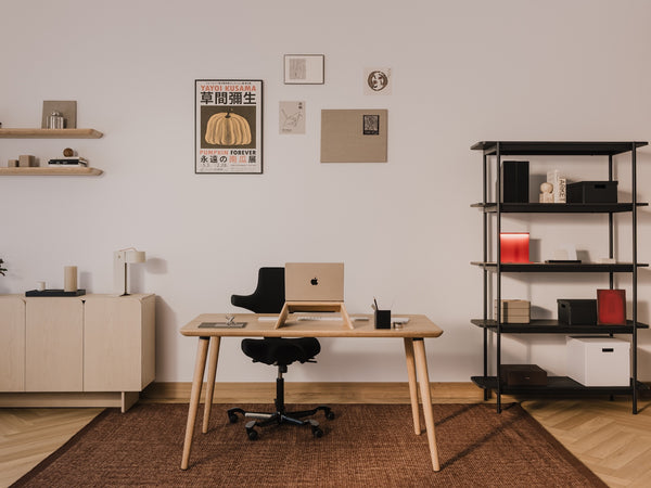 Modern home office with a desk, chair, and shelves | light oak,