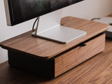 oakywood walnut wooden desk shelf mini with a single drawer and black base desk setup | walnut, ,