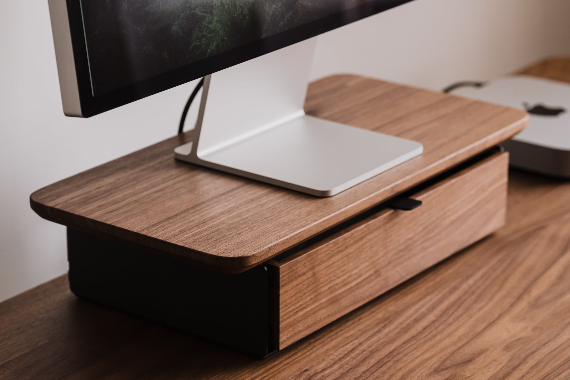 oakywood walnut wooden desk shelf mini with a single drawer and black base desk setup | walnut, ,