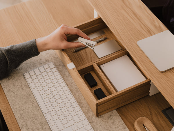 Wooden modular drawer organizer with compartments on a wooden desk | oak, 