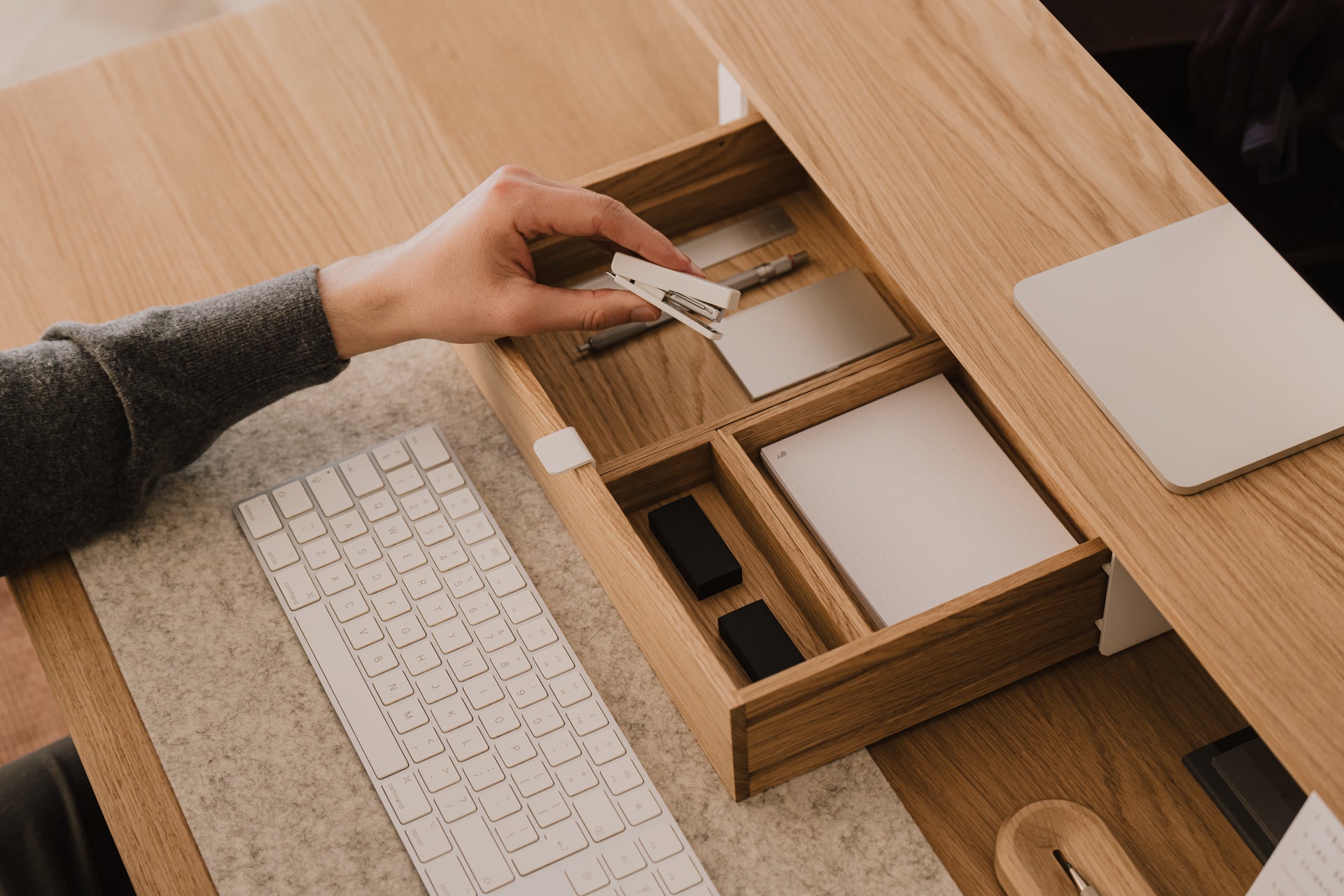Wooden modular drawer organizer with compartments on a wooden desk | oak, 