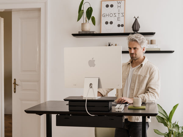 oakywood black wooden desk shelf mini with a dual drawer and black base desk setup | black, ,