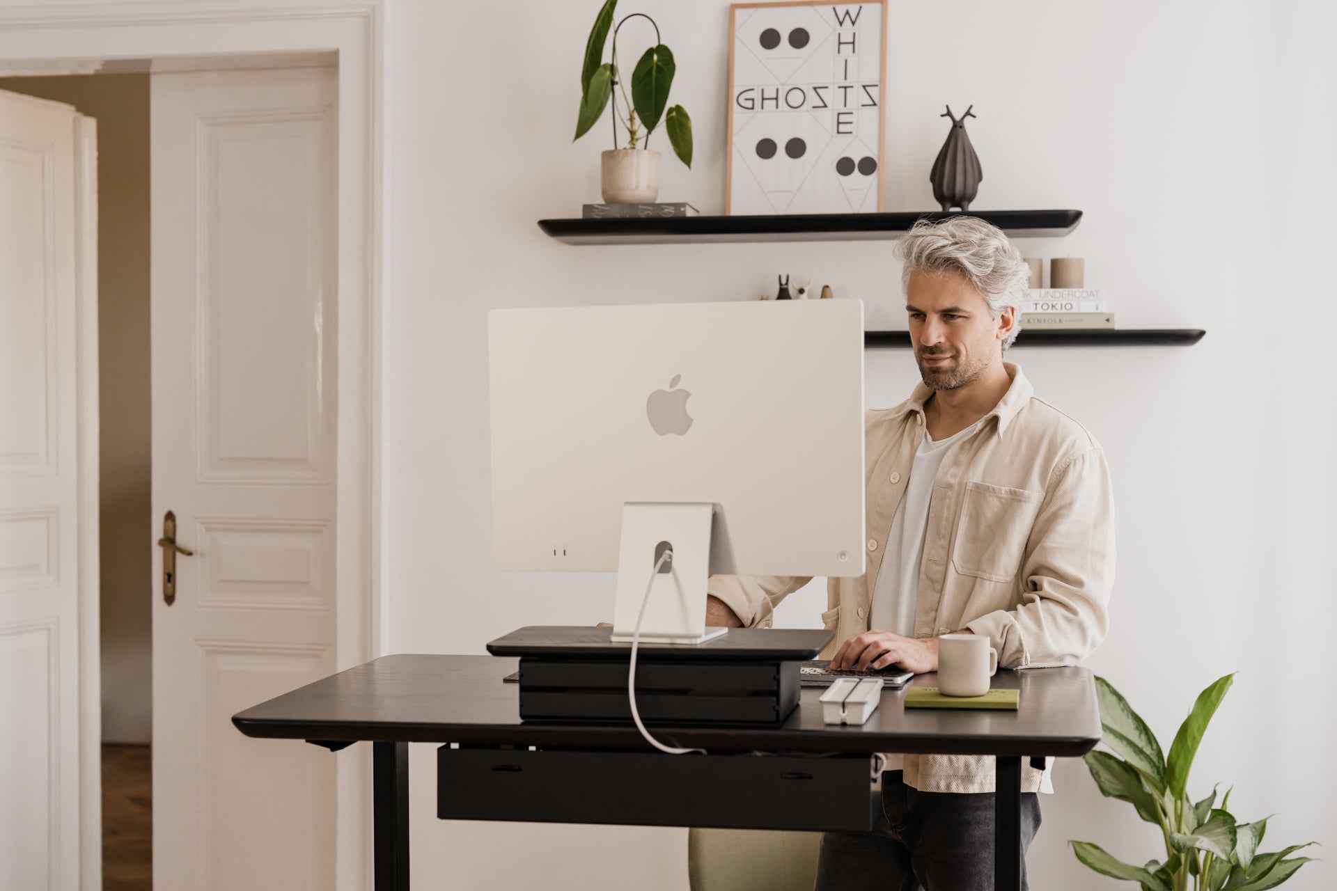 oakywood black wooden desk shelf mini with a dual drawer and black base desk setup | black, ,
