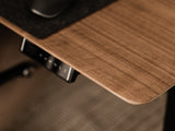 Wooden desk surface with a blurred background | walnut veneer,