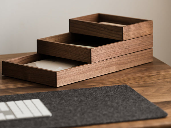 Oakywood Stackable Valet Trays Bundle in walnut – premium walnut trays for keeping your workspace tidy | walnut, 