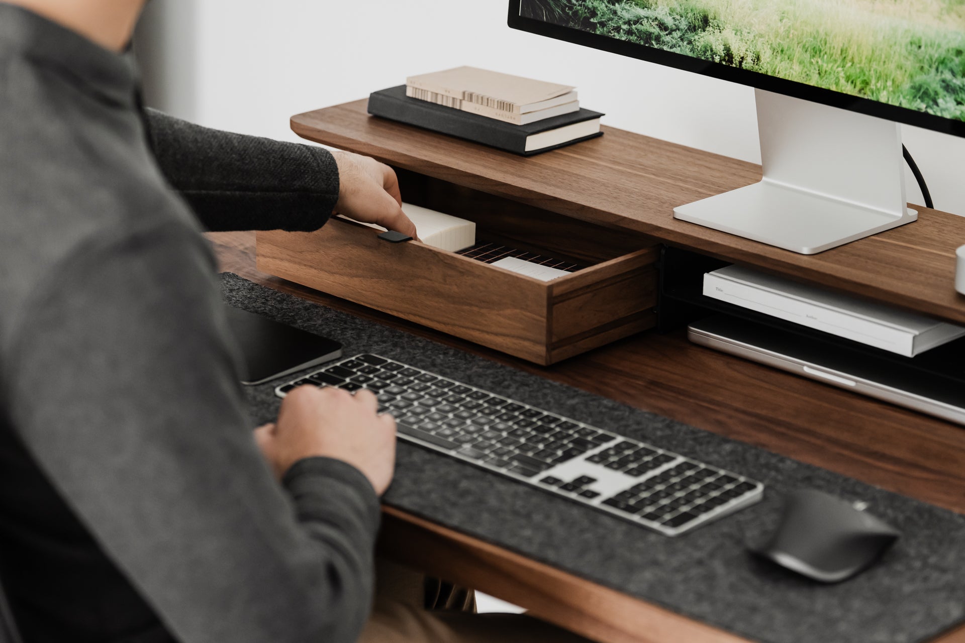 oakywood walnut modular drawer with black base on desk | walnut, single drawer,