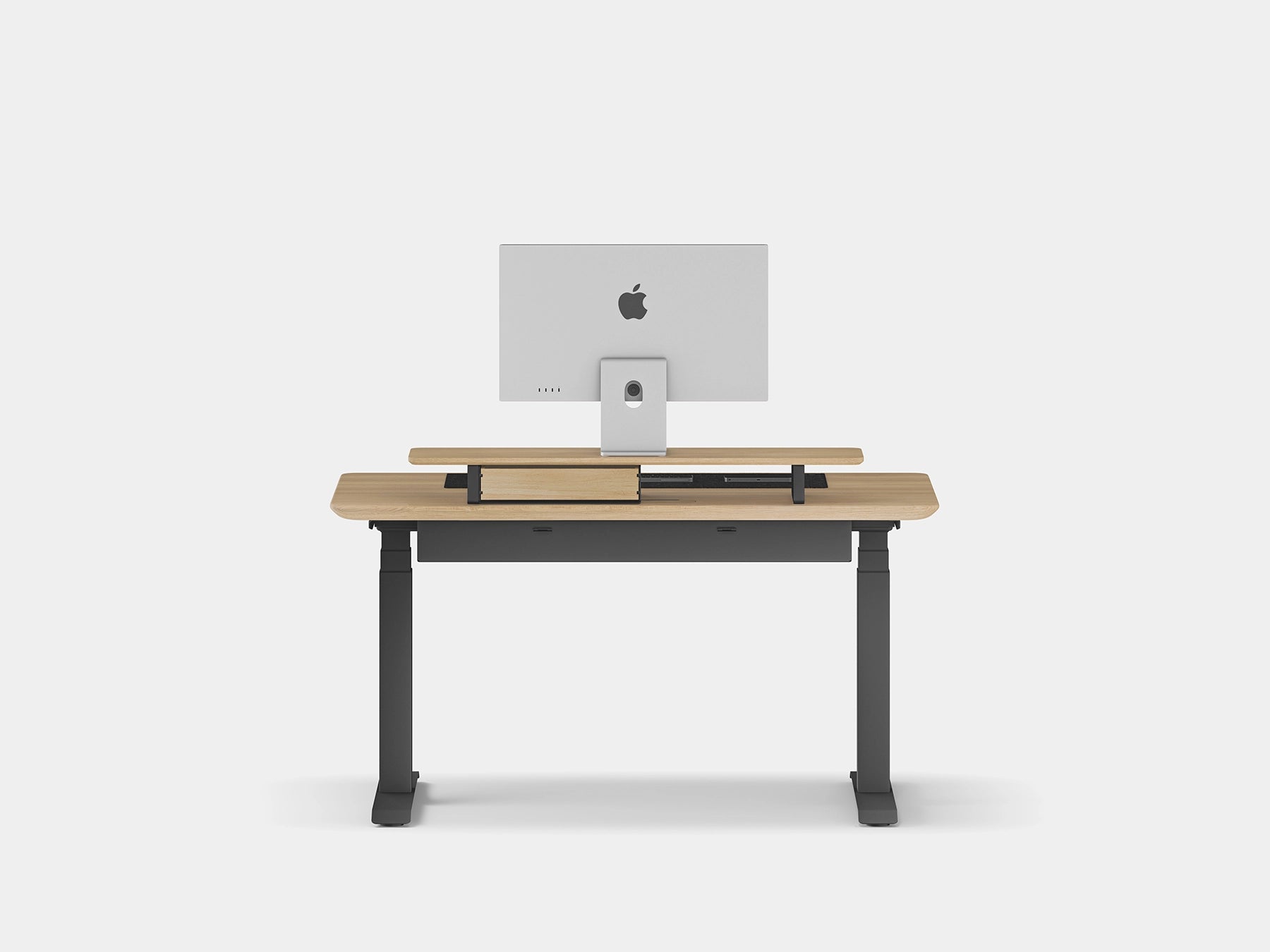 Wooden desk with a computer monitor on a white background Oakywood Desk Setup Touch Bundle made of oak with white accents | light oak, , black