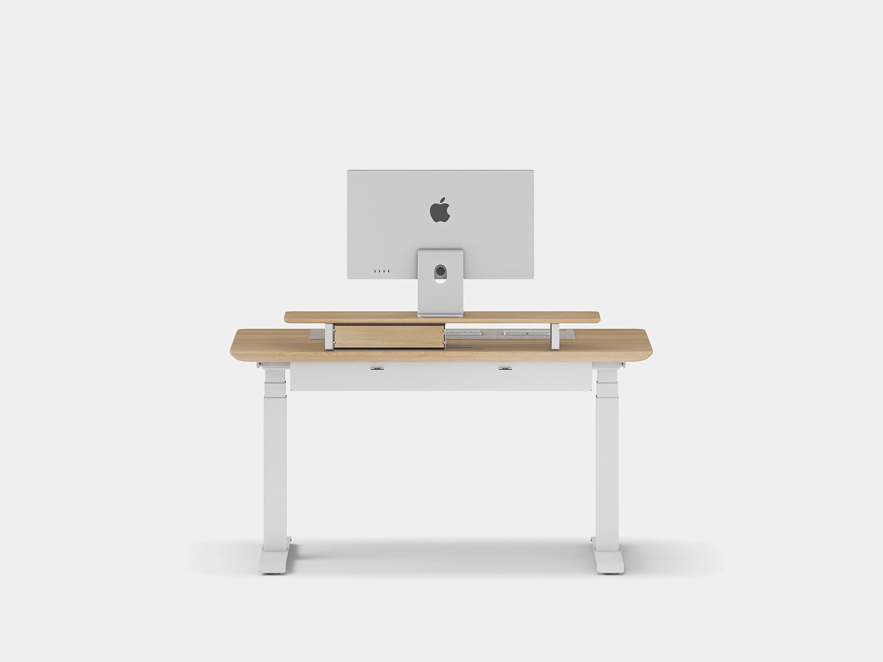 Wooden desk with a computer monitor on a white background | light oak, , white