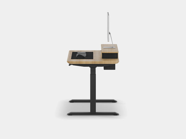 Modern standing desk with a minimalist design on a white background Oakywood Desk Setup Touch Bundle made of oak with white accents | light oak, , black