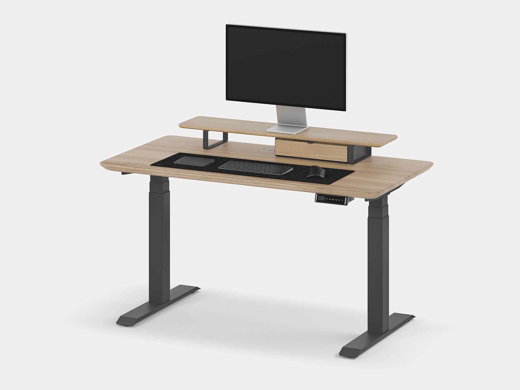 Wooden desk with black legs, monitor, keyboard, and mouse on a light gray background Oakywood Desk Setup Touch Bundle made of oak with white accents | light oak, , black