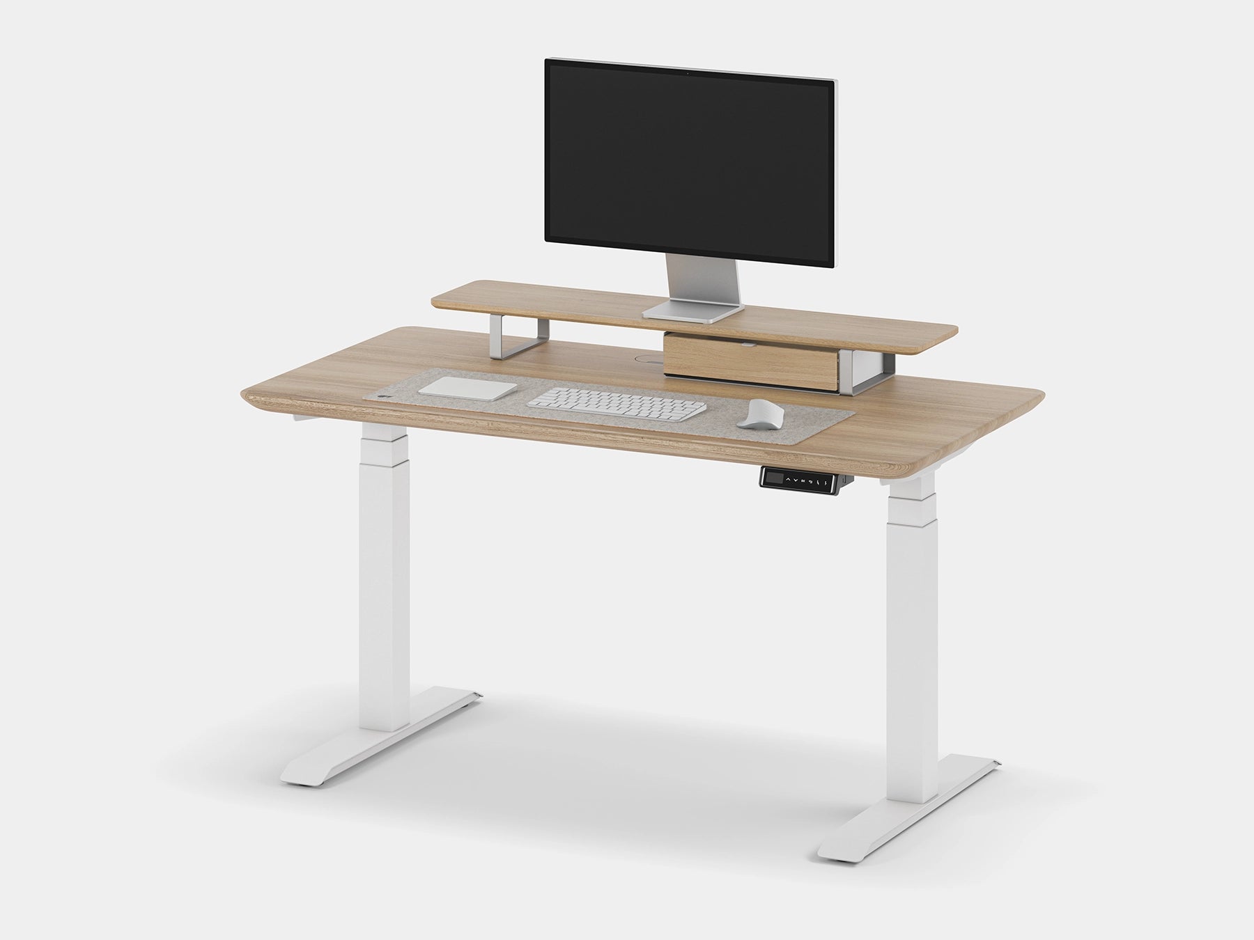 Wooden desk with adjustable height and computer setup on a white background Oakywood Desk Setup Touch Bundle made of oak with white accents | light oak, , white