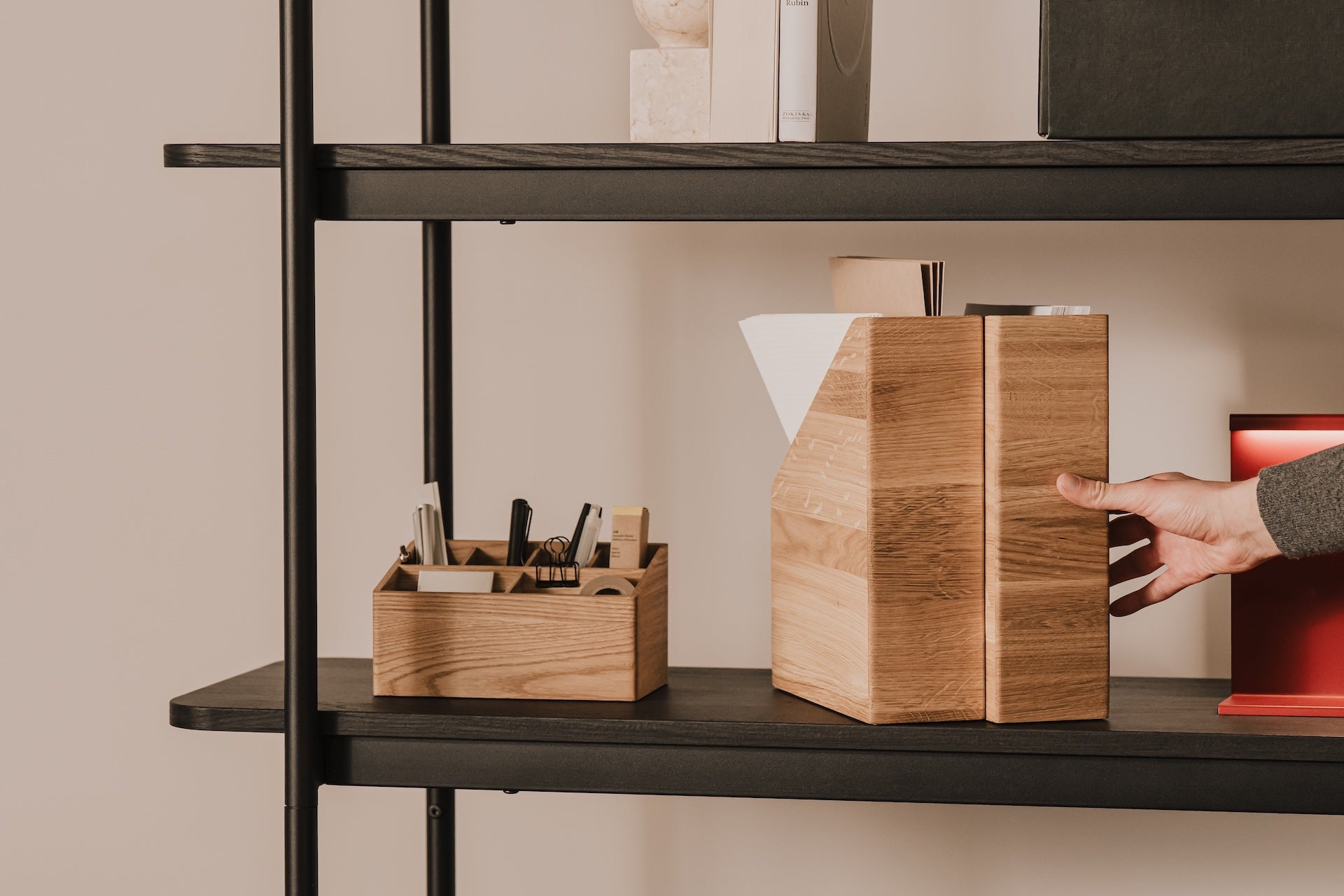 Wooden desk organizer, A4 paper holder on a shelf with a neutral background  | oak