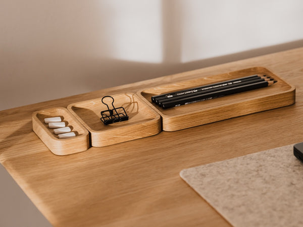 Oakywood Catchall Tray Mini Bundle in oak – small desk or bedside trays for tidy storage of personal items | oak
