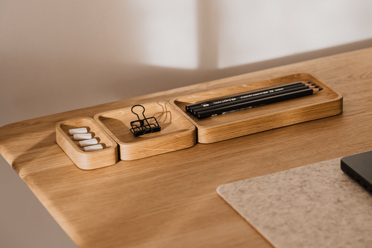 Oakywood Catchall Tray Mini Bundle in oak – small desk or bedside trays for tidy storage of personal items | oak