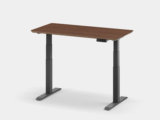oakywood walnut veneer standing desk touch with black legs in standing position | walnut veneer, , black
