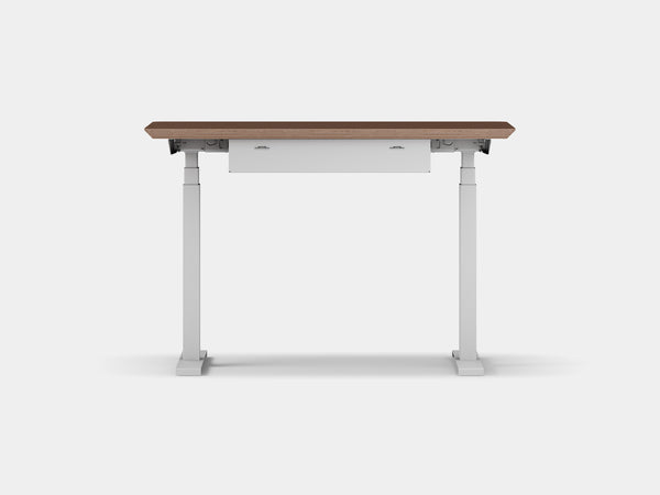 Oakywood Standing Desk Pro Mini Bundle made of walnut veneer with white accents – stylish ergonomic compact office setup with cable tray | walnut veneer, , white