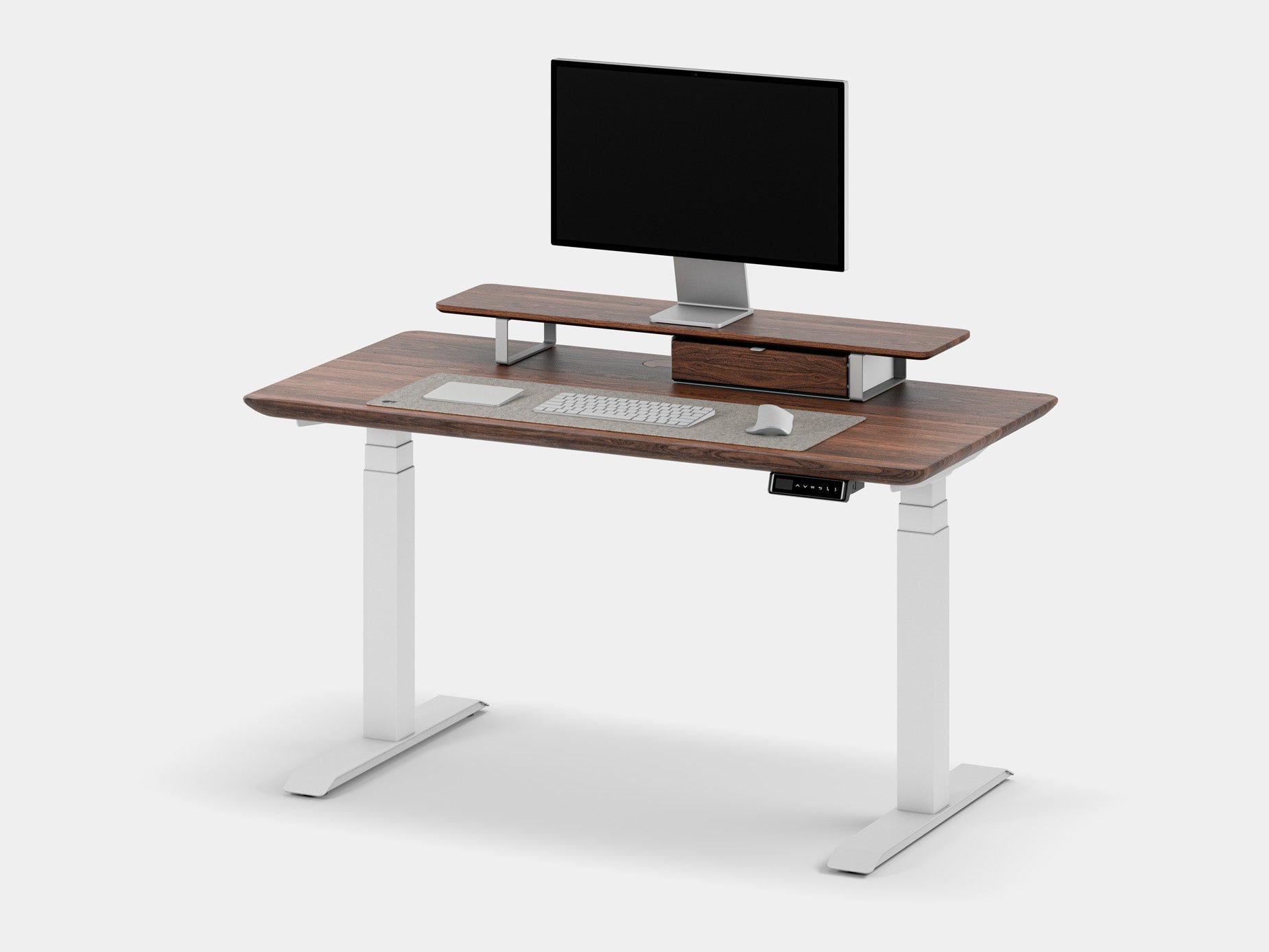 Stylish compact desk with dark frame and wooden top, computer setup