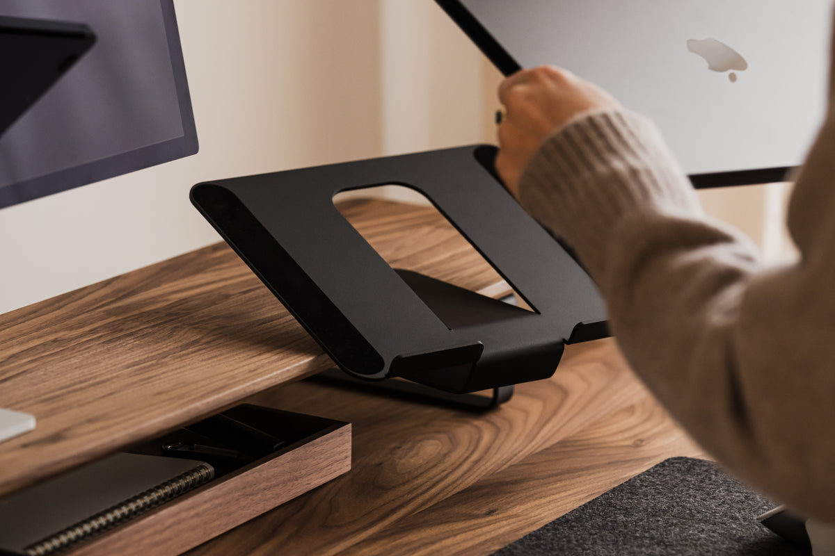 desk shelf laptop mount in use | black, 
