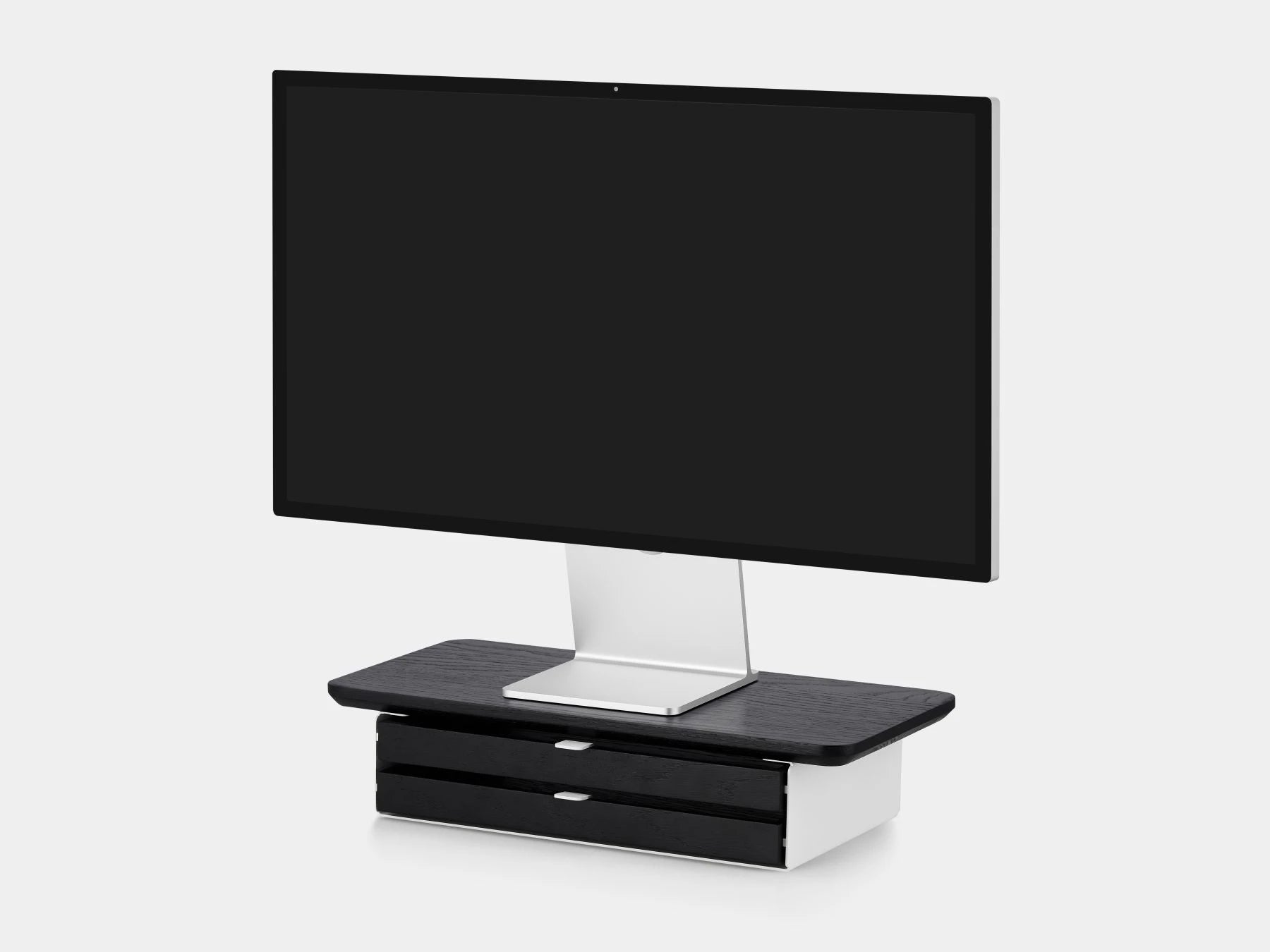 oakywood black wooden desk shelf mini with a dual drawer and white base side view | black, dual drawer, white