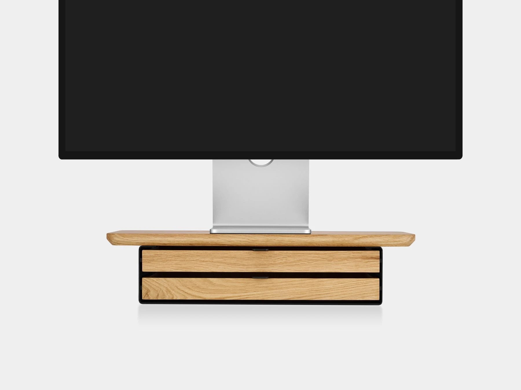 oakywood oak wooden desk shelf mini with a dual drawer and black base | oak, dual drawer, black