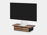 oakywood walnut wooden desk shelf mini with a dual drawer and black base side view | walnut, dual drawer, black