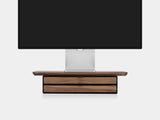 oakywood walnut wooden desk shelf mini with a dual drawer and black base | walnut, dual drawer, black