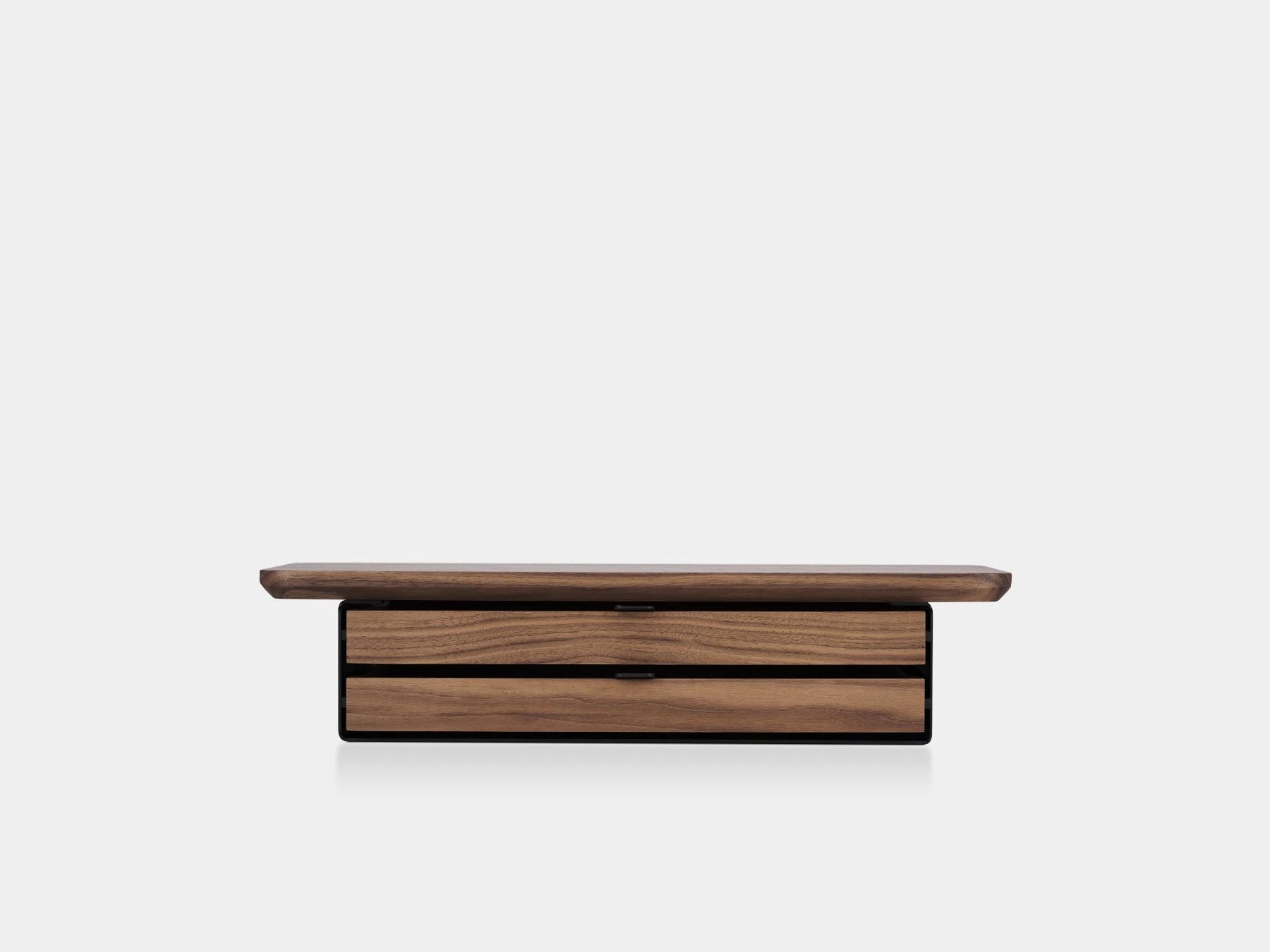 oakywood walnut wooden desk shelf mini with a dual drawer and black base | walnut, dual drawer, black