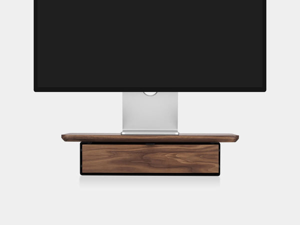 oakywood walnut wooden desk shelf mini with a single drawer and black base | walnut, single drawer, black