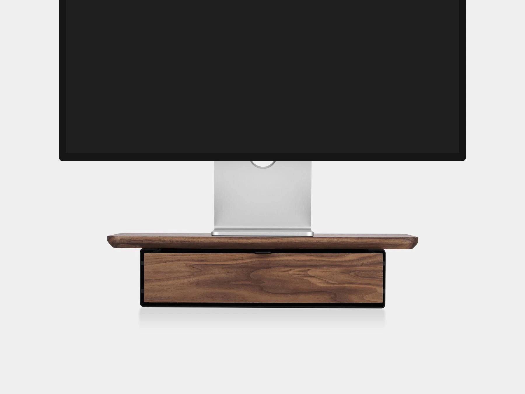 oakywood walnut wooden desk shelf mini with a single drawer and black base | walnut, single drawer, black