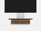 oakywood walnut wooden desk shelf mini with a dual drawer and white base | walnut, dual drawer, white