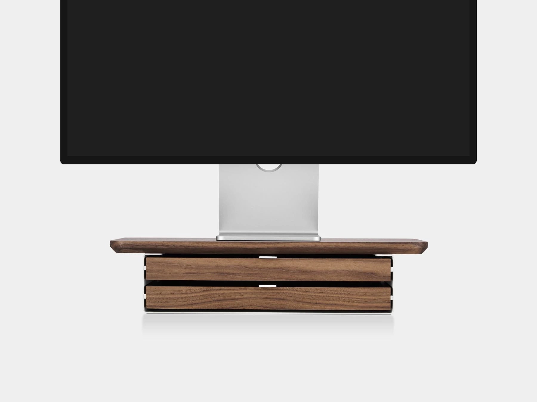 oakywood walnut wooden desk shelf mini with a dual drawer and white base | walnut, dual drawer, white