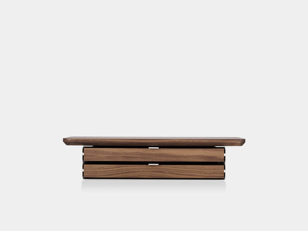 oakywood walnut wooden desk shelf mini with a dual drawer and white base | walnut, dual drawer, white