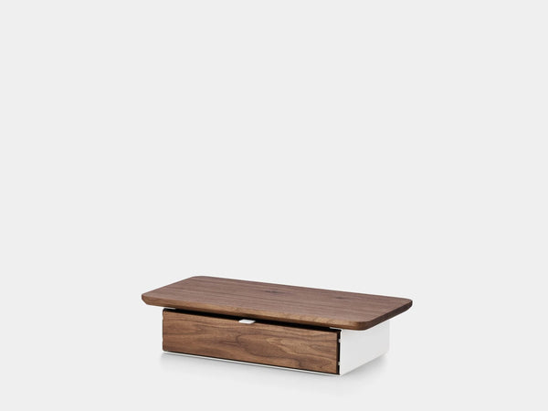 oakywood walnut wooden desk shelf mini with a single drawer and white base | walnut, single drawer, white