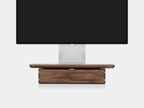 oakywood walnut wooden desk shelf mini with a single drawer and white base | walnut, single drawer, white