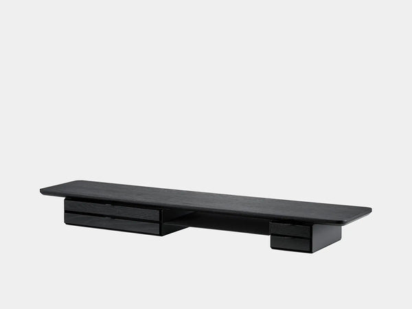 oakywood wooden desk shelf pro, solid wood monitor stand side view | black, dual drawer, black