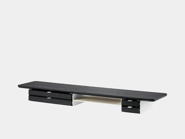 oakywood wooden desk shelf pro, solid wood monitor stand side view | black, dual drawer, white