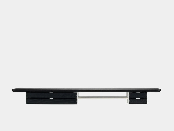oakywood wooden desk shelf pro, solid wood monitor stand front view | black, dual drawer, white