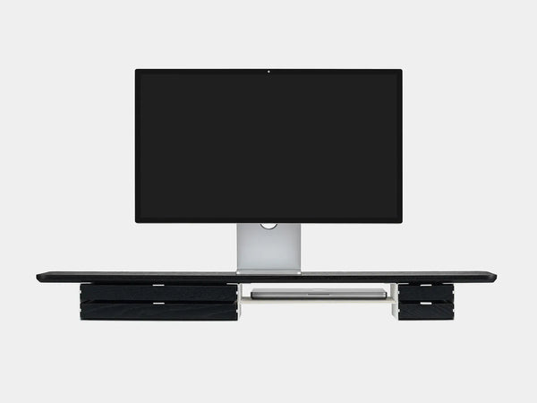 oakywood wooden desk shelf pro, solid wood monitor stand front view with macbook | black, dual drawer, white
