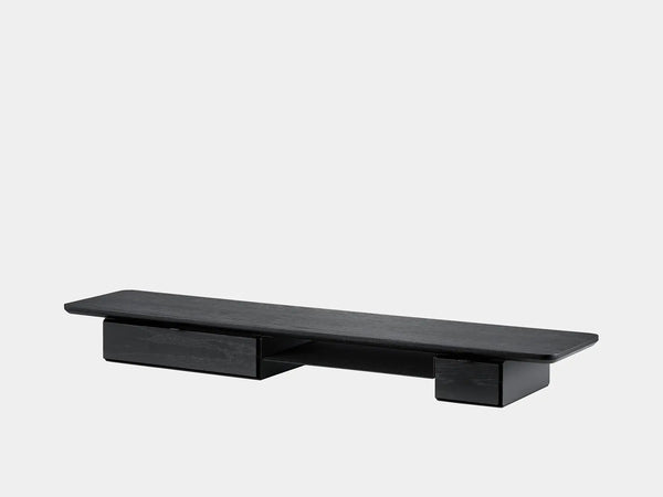oakywood wooden desk shelf pro, solid wood monitor stand side view | black, single drawer, black