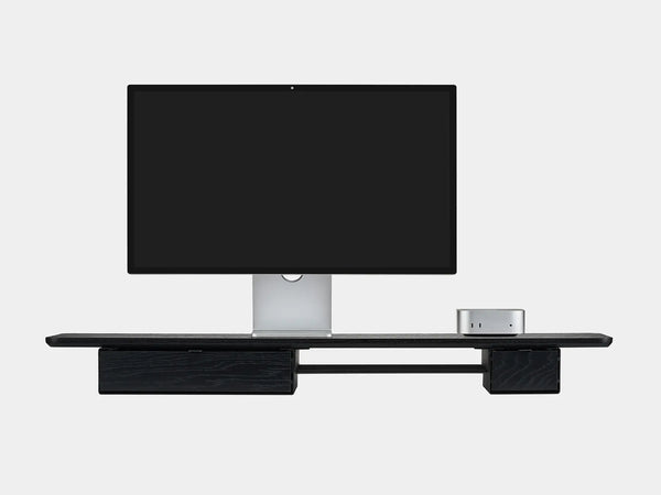 oakywood wooden desk shelf pro, solid wood monitor stand front view with mac mini | black, single drawer, black