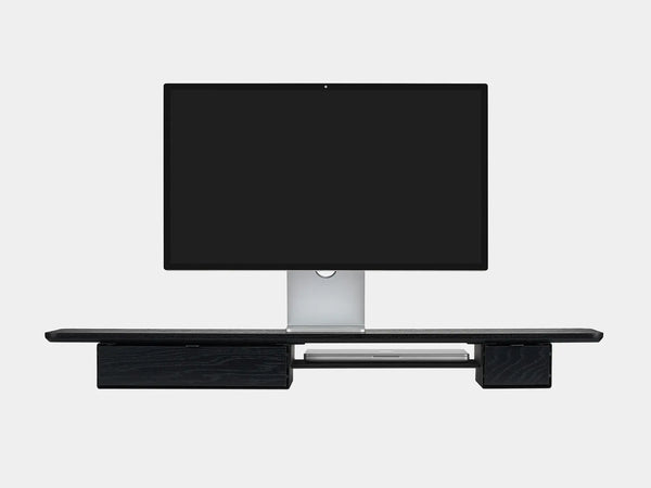 oakywood wooden desk shelf pro, solid wood monitor stand front view with macbook | black, single drawer, black