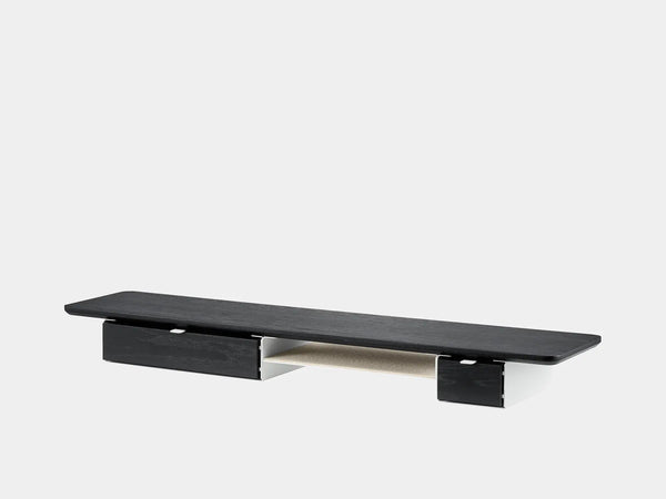 oakywood wooden desk shelf pro, solid wood monitor stand side view | black, single drawer, white